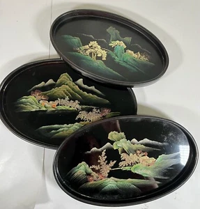 FUZHOU LACQUER 3 Black Nesting VTG Trays. Hand Painted Asian Scenes on Wood 60's - Picture 1 of 10