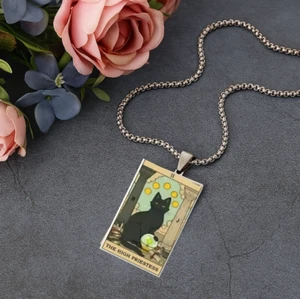 Occult Cat Tarot Card High Priestess Pendant Necklaces Witch Jewelry Energy Gift - Picture 1 of 4