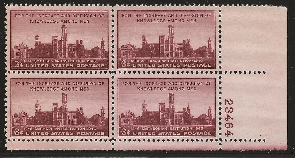 US Scott #943, Plate Block #23464 1946 Smithsonian 3c FVF MNH Lower Right - Image 1 of 1