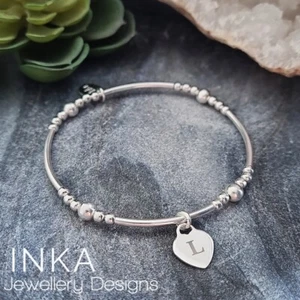 Inka 925 Sterling Silver stretch noodle Stacking Bracelet with ANY Initial charm - Picture 1 of 5