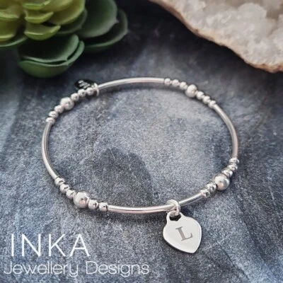 Inka 925 Sterling Silver stretch noodle Stacking Bracelet with ANY Initial charm - Image 1 of 4
