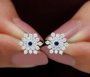 Simulated Blue Sapphire & White Moissanite Flower Stud Earrings In 950 Platinum - Picture 1 of 7