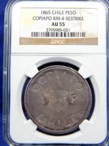 1865 CHILE SILVER 1 PESO COPIAPO RESTRIKE NGC AU 55 RARE HIGH GRADE - Picture 1 of 3