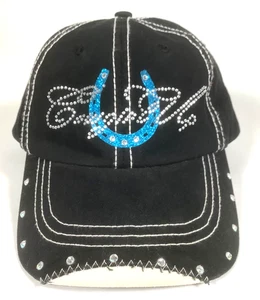 Cowgirl Up Black Hat Cap Baseball Adjustable Bling Design blue glitter horseshoe - Picture 1 of 13
