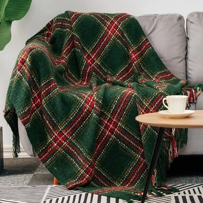 cobertor xadrez verde/vermelho aconchegante, macio, quente de caxemira falsa com borlas 50x60 - Imagem 1 de 4