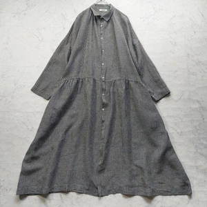 ICHI Antiquites Hemdblusenkleid Leinen Gingham Karo Beige & Schwarz - Bild 1 von 12
