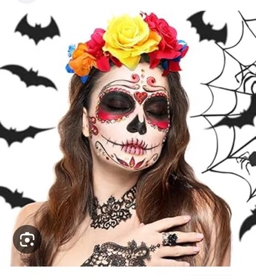Day Of The Dead Head Dress Tattoos Facial Decor Costume Netting Veil Skull - Image 1 of 4