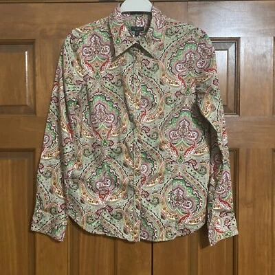 Женская хлопковая эластичная рубашка Talbots на пуговицах с длинным рукавом пейсли размер 10 - Изображение 1 из 4