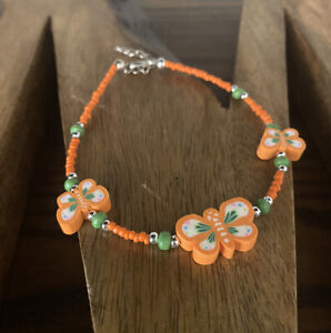 Bead Ankle Bracelet -Free Ship-Adjustable Cute Orange Butterfly Polyclay & Seed