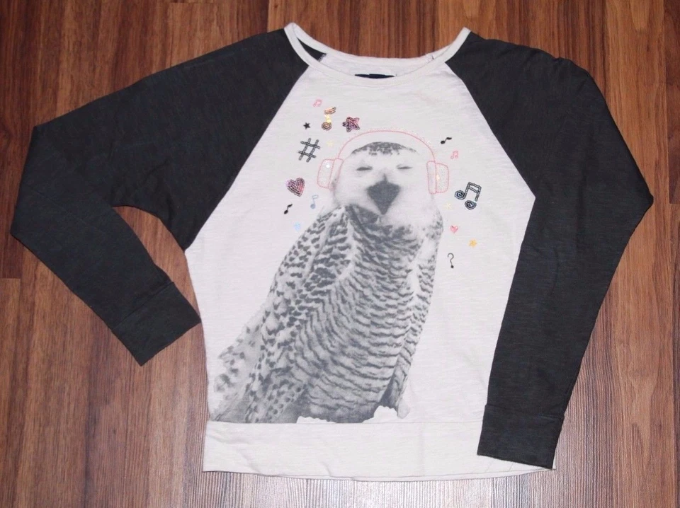 Girl GAP KIDS - WOODLANDS Gray & Cream OWL Graphic Sequin Raglan Shirt Top L 10  - Image 1 of 3