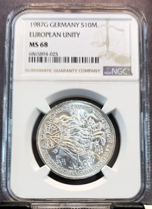 1987 GERMANY SILVER 10 MARK S10M EUROPEAN UNITY NGC MS 68 RARE GEM BU - Picture 1 of 3
