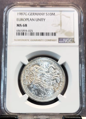 1987 GERMANY SILVER 10 MARK S10M EUROPEAN UNITY NGC MS 68 RARE GEM BU - Image 1 of 3