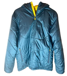 MERRELL Hexcentric Hooded Puffer Jacket Teal Blue Mustard Yellow Sz Large - Picture 1 of 8