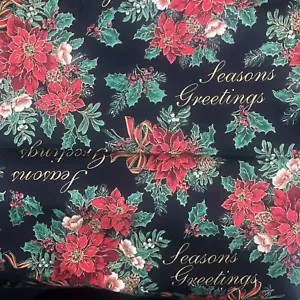 Cranston VIP Red Black Poinsettia Christmas Fabric Season's Greetings 2.5 Yards - Picture 1 of 5