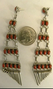 Zuni - Antique Native American Red Coral Chandelier Earrings - Picture 1 of 3