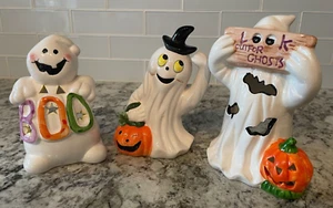 Halloween Set of 2 Ghosts Candle Holders and Friendly Ghost Figurine - Picture 1 of 6