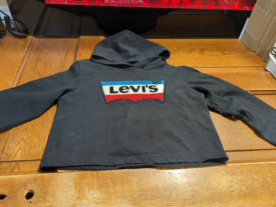 Levis Girls Crop Hoodie Sweatshirt Medium 10-12 Years Black Chenille Logo Patch - Image 1 of 4