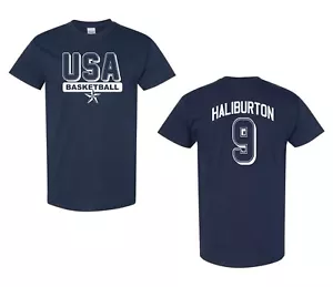 USA Men's Basketball Tyrese Haliburton #9 Front & Back Men's NAVY Tee Shirt 399 - Picture 1 of 1