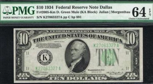 TEXAS MULE. $10 1934 Dallas Mule FRN. Fr. 2005-Km. Only 12 Known. PMG 64 EPQ - Picture 1 of 4