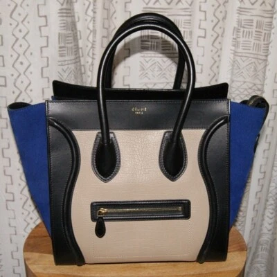 Auténtico Bolso de Mano Celine Mini Equipaje Tricolor Azul/Beige/Negro Cuero Foto 1 de 4