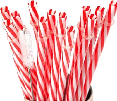 Pajitas de plástico de Navidad 12 piezas 10,5", rayas rojas blancas con limpiador Foto 1 de 4