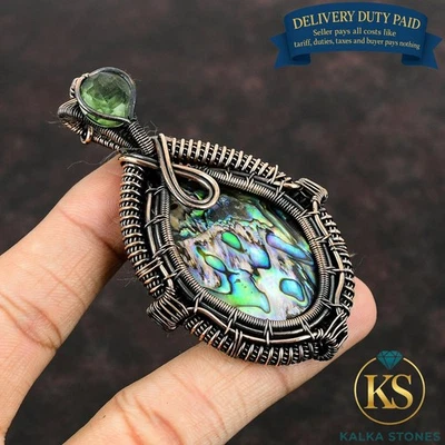 Абалоновая раковина драгоценный камень зеленый аметист свадебная проволока обернутая мать подвеска медь - Изображение 1 из 4