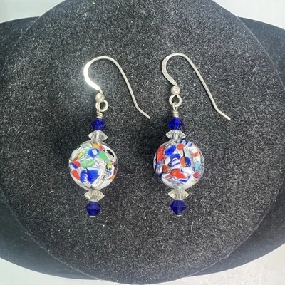 Beautiful Murano Venetian Italian Glass Foil Bead Drop Dangle Earrings - Image 1 of 3