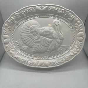 Vtg White Thanksgiving Turkey Serving Platter Ceramic 18x14" Embossed Japan - Picture 1 of 9