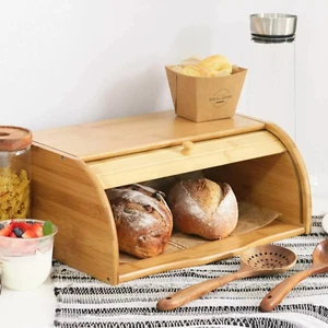 Large Bread Bin Bamboo Wooden Roll Top Bread Bins Kitchen Food Storage Breakfast - Picture 1 of 12