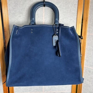 Coach 1941 Rogue 36 Denim Blue Suede Handbag Leather Lining Shoulder Bag Auth - Picture 1 of 18