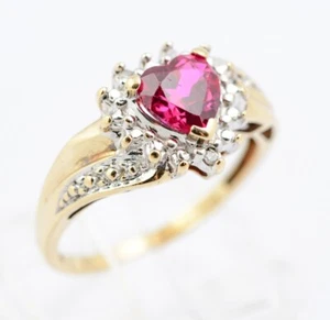 Vintage 9ct Gold Ring With Heart Shaped Ruby (Lab-Created) & Natural Diamonds - Picture 1 of 10