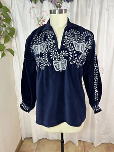 Vtg Handmade Mexican Embroidered Cotton Velvet Shirt Butterflies Flowers Sz L - Picture 1 of 8