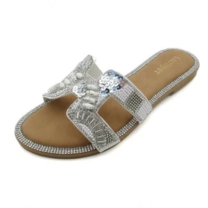 Women's Beaded Sandals Sequin Embellished Slides Rhinestone Flat Summer Slippers - Picture 1 of 32