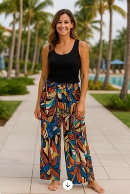 Melissa Paige Women's Palazzo Pants Petites XL Bold Multicolor Print Boho Resort - Image 1 of 4
