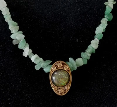 Green Aventurine Stones Chip Necklace Choker with Art Glass & Rhinestone Pendant - Image 1 of 4