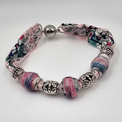Pulsera de tela hecha a mano tibetana plata rosa encaje cierre magnético Foto 1 de 4