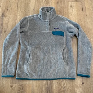 Patagonia Fleece Pullover Snap-T Sweater Gray Teal Trim Women's Size Medium - Picture 1 of 6