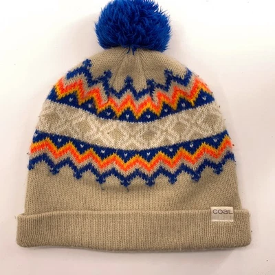 复古美国制造煤冬季球帽棕褐色带蓝色图案 — 第 1/4 张图片
