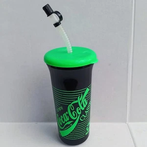 Vintage Coca Cola Neon Green Sport Quart Plastic Cup-Whirley-Lid & Straw-32 oz - Picture 1 of 10