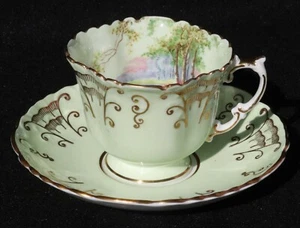 AYNSLEY ENGLAND C902/2 MINT GREEN SQUARE CUP & SAUCER WOODLAND SCENE & GOLD TRIM - Picture 1 of 10
