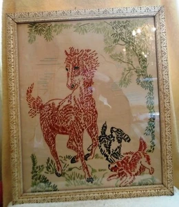 Vintage Large Framed Embroidered Horse and Dogs Playing 18 1/2 by 16 Inches - Picture 1 of 7