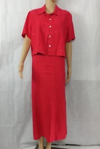 John Roberts Dress & Blouse Set Sz 12 Red 100% Linen Embroidered Short Sleeves - Picture 1 of 11