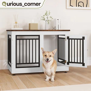 35" Modern Dog Crate Side Kennel Iron Mesh Cage Pet Bowl Steels Wood Table Hutch - Picture 1 of 11