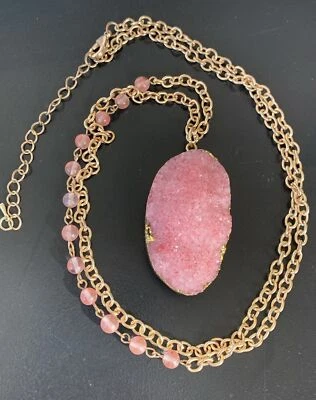 Pink Quartz Pendant Necklace Gold Tone Chain Beads 32” Long Druzy - Image 1 of 4