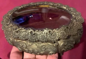 Old Vintage Footed Floral & Cherubs Decorated Jewelry Trinket Box Glass Top - Picture 1 of 12