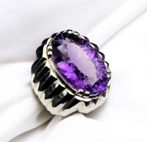 Bold Amethyst Mens Womens Silver 925 Ring Natural Amethyst Band Feb Birthstone - Picture 1 of 4