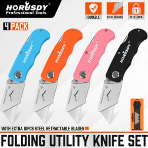 4pc Folding Utility Knife Set Lockback Safe 10 Blades Quick Change Box Cutter - Picture 1 of 10