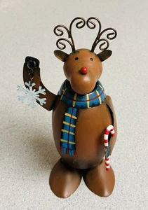 Bobble Head Reindeer Christmas Decor Figurine Holding Snowflake Candy Cane Metal - Picture 1 of 6