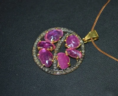 Zaffiro e diamante pietra preziosa placcata oro 18 carati collana gioielli... - Immagine 1 di 4