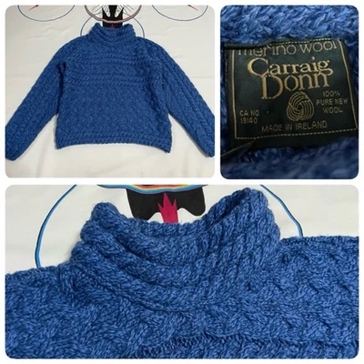 Womens Carraig Donn Wool Sweater Cable Knit Irish Aran Mock Neck Blue S - Image 1 of 4